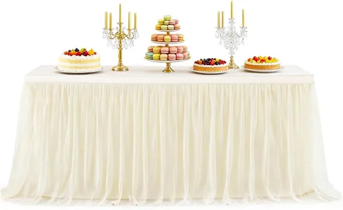 Faldas de mesa de tul champán de 6 pies para cubiertas de mesas rectangulares, falda de mesa de tela tutú con volantes, 72X30.3'' mantel de tul para