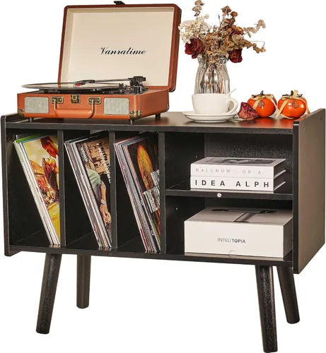 Soporte para tocadiscos con almacenamiento de vinilo, soporta hasta 136 kg, gran mesa para tocadiscos con gabinete para almacenamiento de álbumes