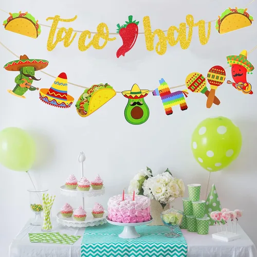 Miniatura 5 de Fiesta Taco Bar Banner Garland 2 juegos de fiesta mexicana fiesta bandera con cactus burro maraca sombrero taco pimienta para fiesta temática