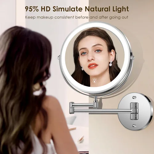 Miniatura 12 de MNIENT Espejo de maquillaje iluminado montado en la pared, espejo de aumento recargable de doble cara de 8 pulgadas, 1x/10x, espejo de tocador LED