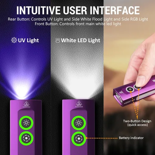 Miniatura 4 de Wurkkos HD01 Linterna UV, linterna EDC recargable, linterna LED con luz UV de 365 nm, linterna plana de 1200 lúmenes con RGB, luz de bolsillo