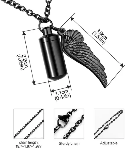 Miniatura 6 de Dletay - Collar de urna de cremación para cenizas, colgante de recuerdo con alas de ángel, acero inoxidable