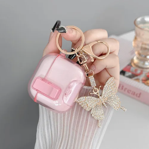Miniatura 3 de Bonita funda rosa para Airpods de 4 generación con cerradura y llavero de mariposa brillante para mujeres femeninas, funda rígida transparente única