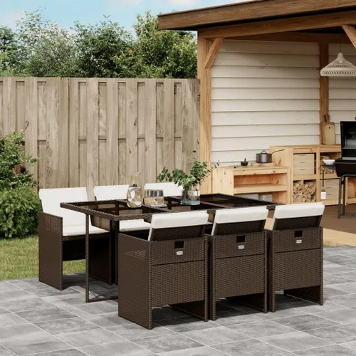 Miniatura 11 de 9 Piece Patio Dining Set with Cream Cushions Beige Poly Rattan Table and 8 Foldable Chairs for Backyard Garden Dining Beige/Wood/9 Piece