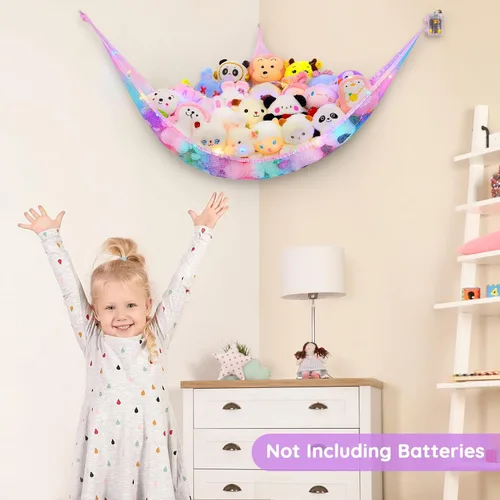 Miniatura 5 de Unicorn Castle Hamaca de red para animales de peluche, almacenamiento de juguetes para niños con luz LED, organizador de juguetes de felpa