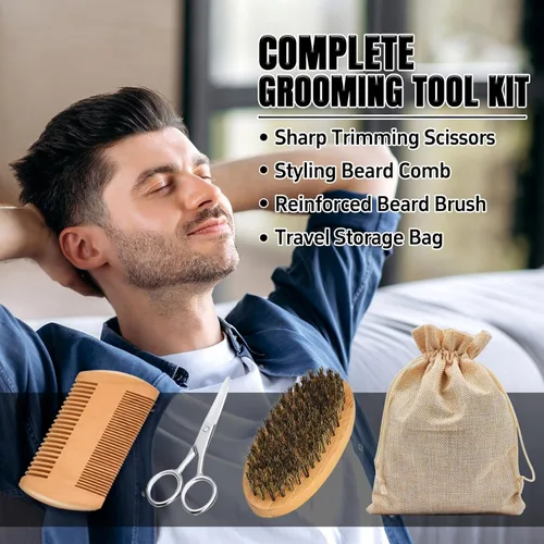 Miniatura 6 de Kit de aseo alisador de barba para hombres, kit de crecimiento de barba con 2 paquetes de aceite de crecimiento, bálsamo naranja natural, peine