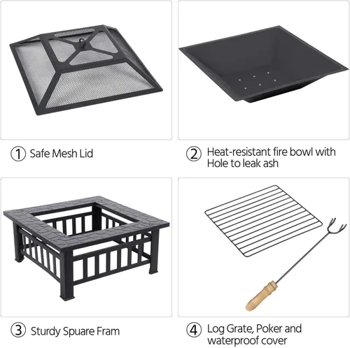 Miniatura 5 de Fogata de leña para exteriores, hoguera cuadrada de metal de 32 pulgadas para exterior, mesa multifuncional con tapa de malla y póker