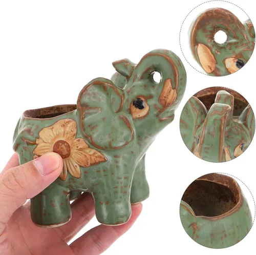 Miniatura 3 de Veemoon Maceta pequeña de cerámica con elefante, bonitas macetas de animales suculentas, soporte para plantas de aire, recipiente de cactus verde