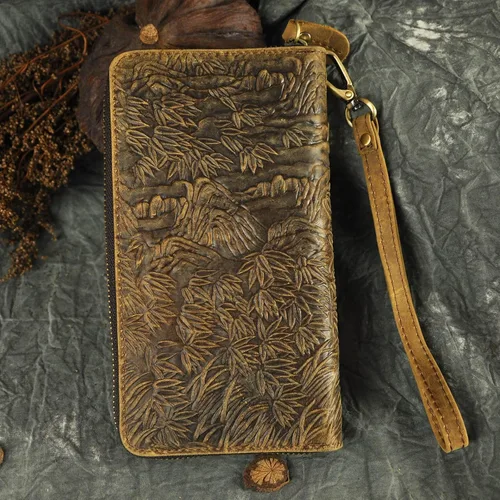 Miniatura 3 de Le'aokuu Unisex calidad cuero genuino cadena embrague mano bolso organizador monedero chequera cremallera cartera 1016, Tigre W1016, Cartera