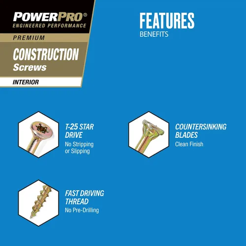 Miniatura 2 de Power Pro 48587 Tornillos de madera, #8 x 3.8 cm, tornillos premium Star Drive para gabinetes interiores, zinc amarillo dorado, paquete de 5 libras