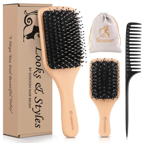 Miniatura 8 de Cepillo de pelo, paquete de 2 cepillos de cerdas de jabalí para mujeres, hombres, niños, reducir el encrespamiento, no más enredos, cepillo de viaje