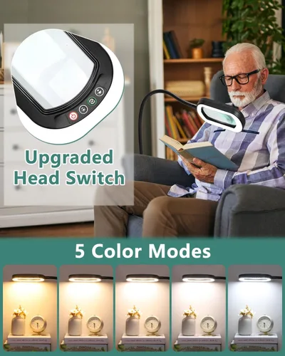Miniatura 3 de Lupa rectangular 10X con luz y soporte, lámpara de pie flexible de 24 pulgadas de cuello de cisne 3 en 1, 5 modos de color regulable continuo, lupa