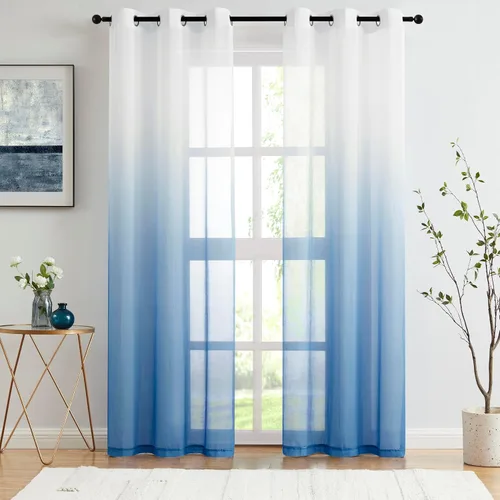 Cortinas traslúcidas color azul degradado para decoración de sala de estar, dormitorio, tratamiento de ventana degradado arrugado semitransparente
