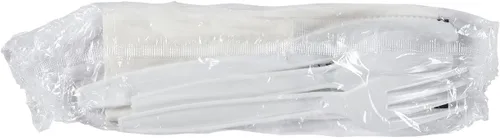 Miniatura 4 de Juego de cubiertos desechables de plástico blanco envueltos individualmente, juego de cubiertos de plástico resistente, tenedor, cuchara, cuchillo