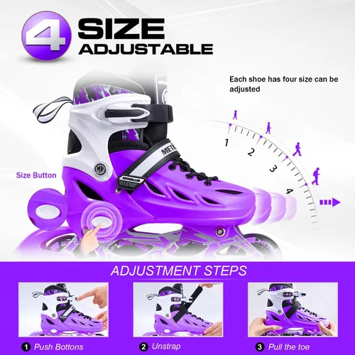 Miniatura 6 de METROLLER Patines en línea para niñas y niños, mujeres, hombres, 4 tallas ajustables, patines en línea con ruedas que se iluminan, patines Púrpura