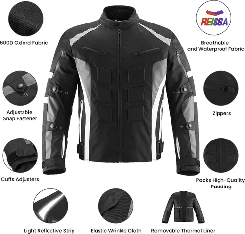 Miniatura 2 de Chaqueta de motocicleta ILM con armadura CE para hombres Enduro Touring Dualsport, resistente al agua, textil, para todo tipo de clima B02 Blanco