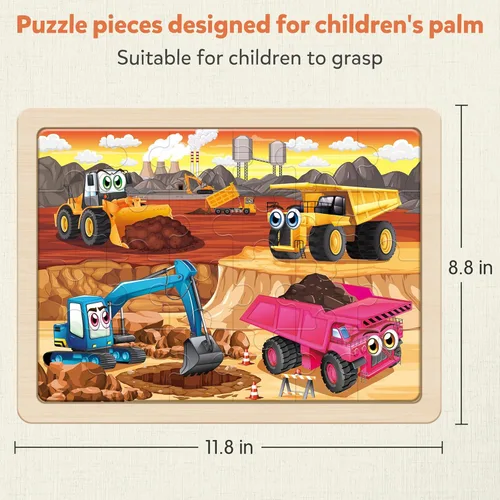 Miniatura 5 de SYNARRY Rompecabezas Grandes de Vehículos de Construcción de Madera para Niños Pequeños de 3-5 Años, Rompecabezas de Camión Monstruo de 24 Piezas