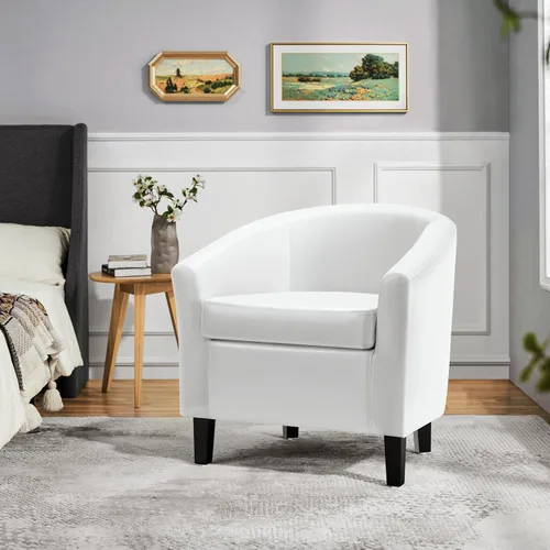 Miniatura 4 de Yaheetech Silla de cuero blanco, silla acentuada de cuero sintético, silla moderna de barril, silla de club cómoda con patas suaves acolchadas