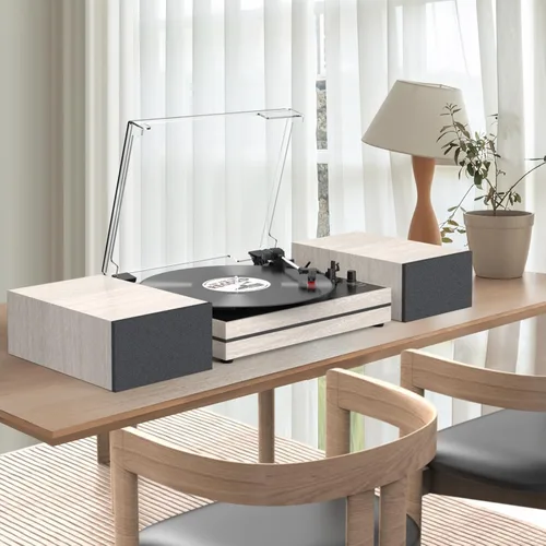 Miniatura 9 de Tocadiscos para vinilos con altavoces externos, transmisión por correa, tocadiscos retro para discos de vinilo, altavoces estéreo duales, Madera