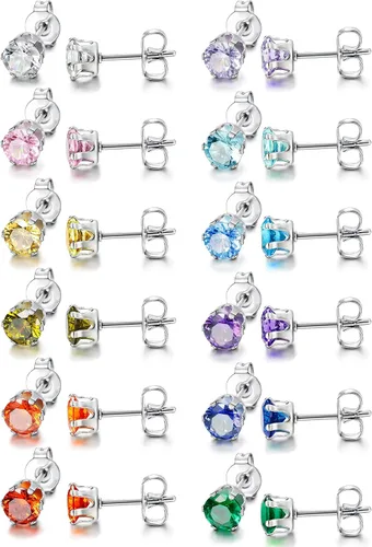 Miniatura 4 de LOYALLOOK 12 pares de aretes de acero inoxidable con circonita cúbica redonda de corte brillante para mujer, Piedra Diamante Circonita cúbica Piedra