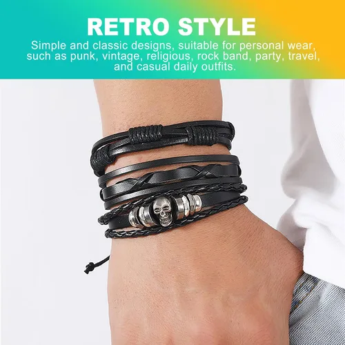 Miniatura 5 de Paquete de 6 pulseras punk góticas y emo, pulseras ajustables de cuero con tachuelas