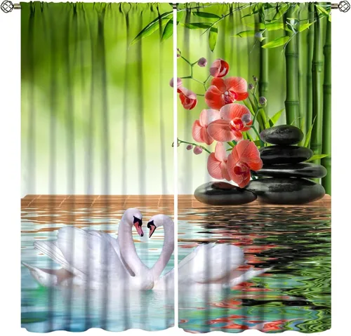 Miniatura 9 de Cortinas con estampado de bambú verde natural, plantas asiáticas, japonesas, tallos rústicos, hojas, cortina de selva con bolsillo para cortinero
