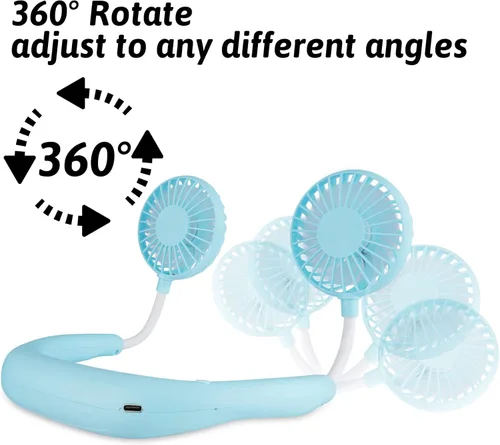 Miniatura 4 de Ventilador portátil para el cuello de mano libre, USB, cuelga del cuello, rotación libre de 360 grados, ventilador de refrigeración personal de Azul