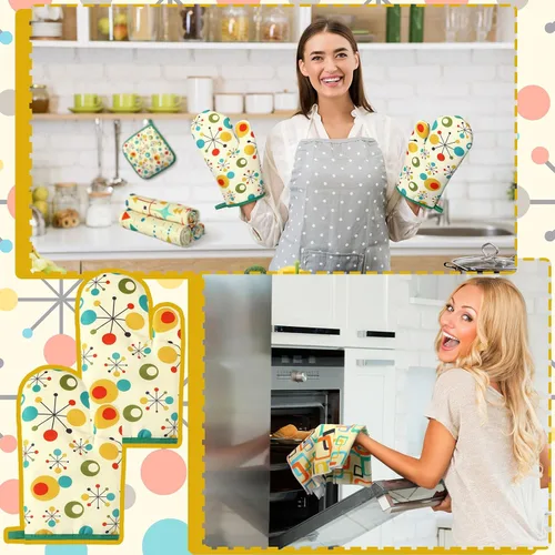 Miniatura 6 de Fanfanwin Juego de 10 manoplas de horno coralinas para ollas, juego de alfombras y toallas de cocina de mediados de siglo de los años cincuenta