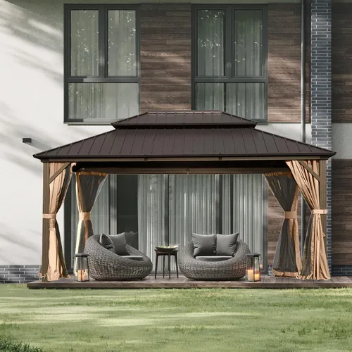 Miniatura 24 de Domi - Cenador permanente de metal con techo rígido de 8 x 8 pies, con doble techo de acero galvanizado, cortinas y malla para fiestas, bodas, Gris