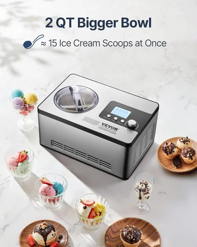 Miniatura 2 de VEVOR Fabricante de helados automática con compresor integrado, 2 cuartos de galón, máquina de yogur de frutas sin precongelación