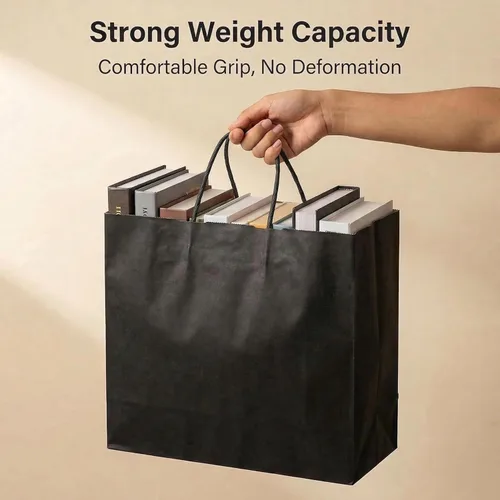 Miniatura 5 de PAICUIKE 50 bolsas de papel kraft negras con asas, bolsas de regalo cuadradas de 11 x 6 x 11 pulgadas para venta al por menor, compras, recuerdos