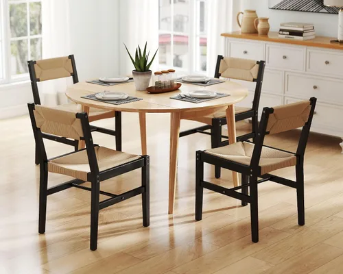 Miniatura 6 de Juego de 2 sillas de comedor de ratán modernas de mediados de siglo, sillas de cocina de madera de haya negra, sillas de comedor tejidas de granja
