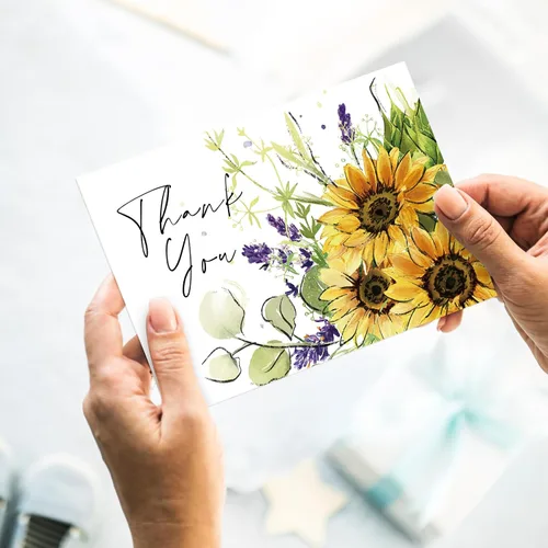 Miniatura 7 de Whaline Paquete de 24 tarjetas de agradecimiento de girasol, tarjetas de felicitación florales de acuarela a granel con adhesivo sobre para notas