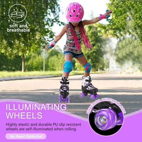 Miniatura 3 de Patines ajustables para niños pequeños y adultos, ruedas iluminadas, 4 tamaños Negro&Púrpura