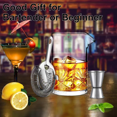 Miniatura 4 de Vaso mezclador de cóctel, kit de barman de cristal de 18 onzas, juego de cóctel de 3 piezas con colador, jigger, herramientas de bar, juego