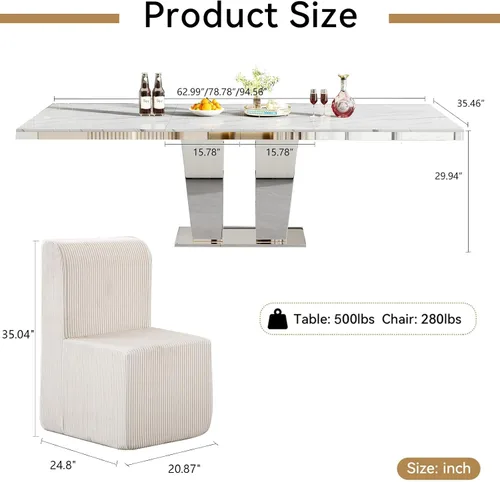 Miniatura 3 de Juego de mesa de comedor de mármol sintético blanco para 10, juego de mesa de comedor extensible de 11 piezas de 63 a 94 pulgadas con 10 sillas