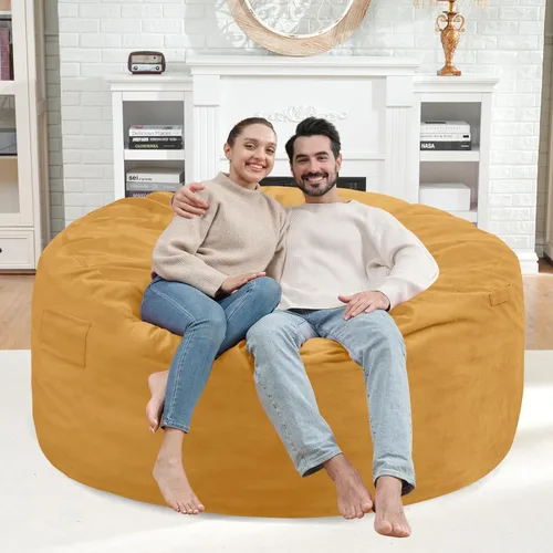 Miniatura 170 de Puf de 5 pies, puf grande con relleno de espuma viscoelástica, sofá puff esponjoso con funda de terciopelo holandés, puf redondo para sala de estar