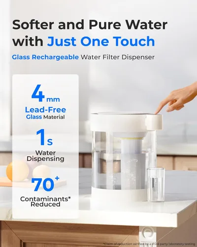 Miniatura 2 de Waterdrop - Dispensador de filtro de agua recargable de vidrio grande para 22 tazas, reduce más de 70 contaminantes, sistema de filtro de agua
