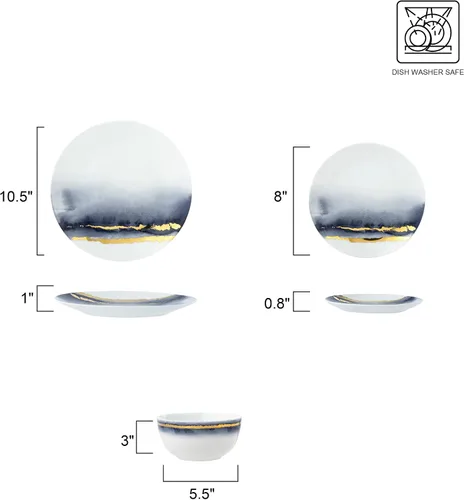 Miniatura 5 de Euro Porcelain Juego de comedor de mármol azul de 16 piezas, vajilla de porcelana fina con servicio de acento de placa de oro de 24 quilates para 4