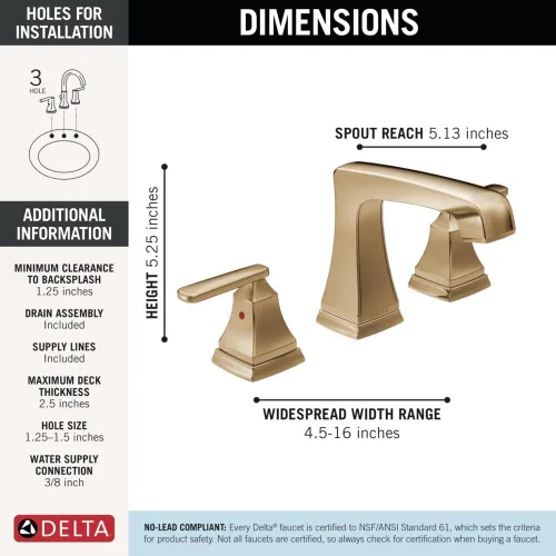 Miniatura 5 de Delta Ashlyn - Grifo de baño generalizado, grifo dorado de 3 agujeros, conjunto de drenaje de metal Push-Pop, bronce champán 3564-CZMPU-DST