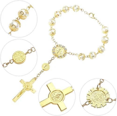Miniatura 3 de LEMESO 20 piezas de mini rosarios chapados en oro, pulseras de crucifijo de perlas de imitación de color marfil, recuerdos de bautizo a granel