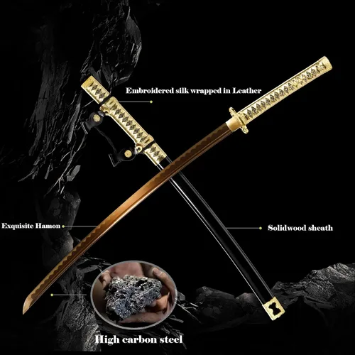 Miniatura 2 de 40.6 pulgadas de acero de alto carbono al horno dragón de oro japonés Katana Samurai Espada Full Tang jian