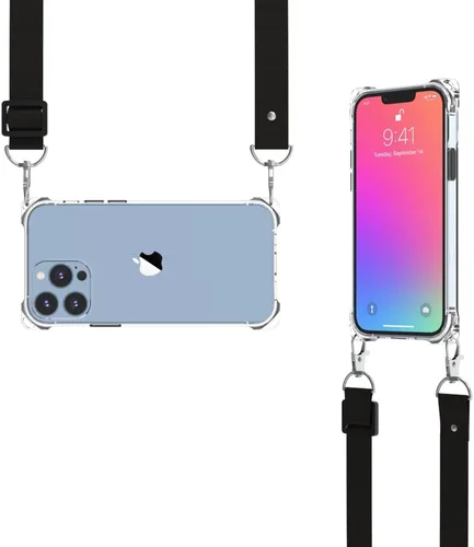 Funda transparente para iPhone 13 Pro Max con correa cruzada ajustable desmontable, ajuste delgado, funda protectora a prueba de golpes con cordón