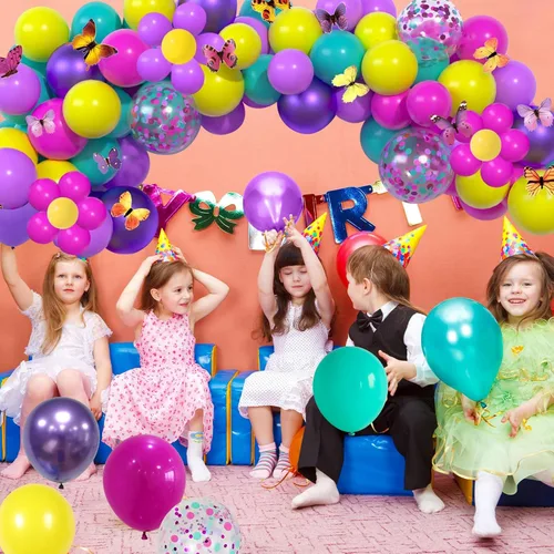 Miniatura 6 de Globos rosa azul púrpura, 60 piezas de 30,5 cm Globos metálicos rosa púrpura turquesa amarillo con confeti para decoración temática mágica de Azul