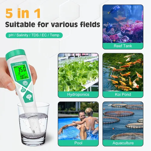Miniatura 5 de YINMIK Probador de sal de pH de piscina, medidor de salinidad digital para piscina de agua salada, pantalla simultánea pH de sal TDS para estanque