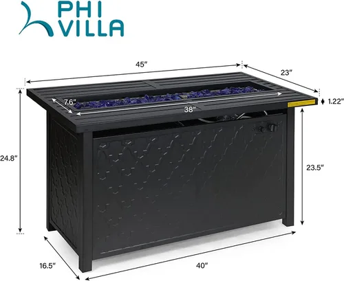 Miniatura 7 de PHI VILLA Mesa para fogata de gas, 45 pulgadas, rectangular, grande, larga, para exteriores, propano 50000 BTU, mesa de fuego con tapa y vidrio azul