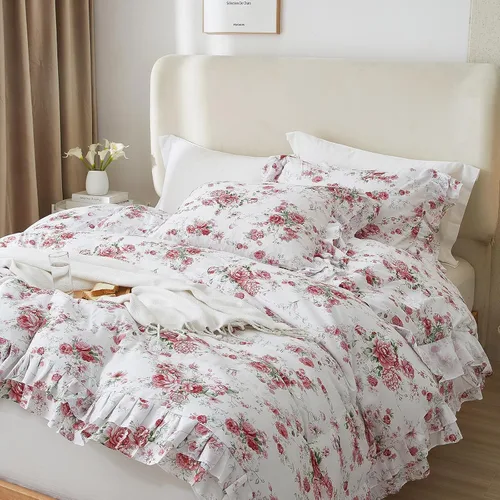 Miniatura 64 de VM VOUGEMARKET - Juego de funda de edredón floral amarilla de 3 piezas para niñas, de algodón, funda de edredón de flores rosas con cierre de F#