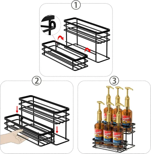 Miniatura 6 de Organizador de jarabe de café, soporte para botellas de jarabe para barra de café, 2 niveles, 6 estantes de almacenamiento para jarabe, vino