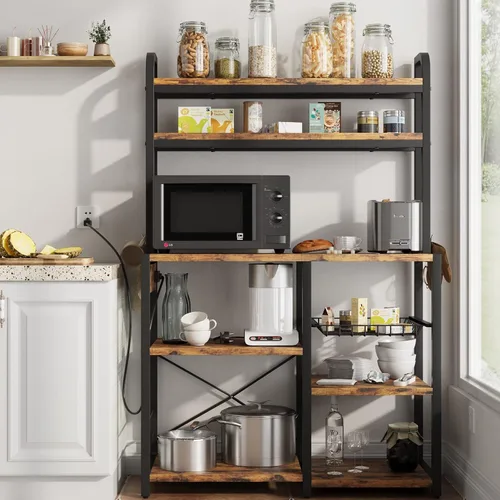 Miniatura 9 de Amyove Estante para panaderos con toma de corriente, barra de café con cajón de alambre, soporte para microondas, mesa de cocina con gran Negro