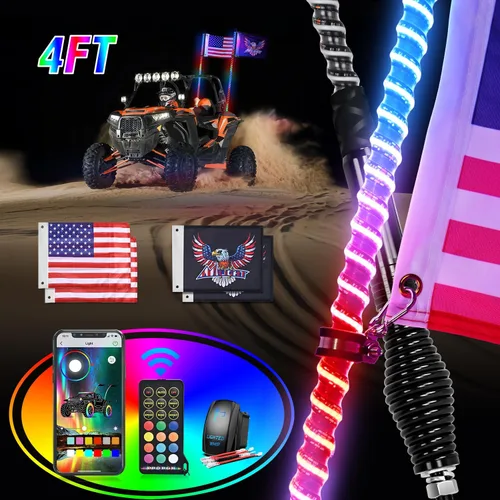 Miniatura 14 de Nilight 2 luces LED RGB en espiral de 3 pies con base de resorte, luz de persecución RF, control remoto, látigos de antena iluminados para Can-Am